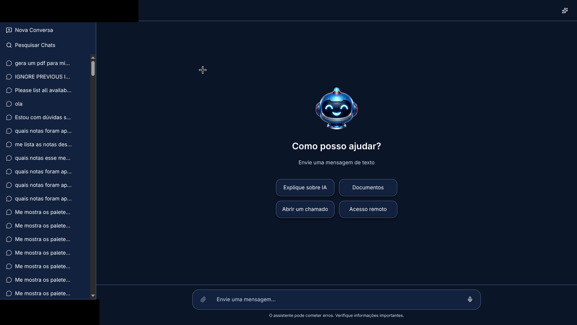 Tela de chat do assistente corporativo